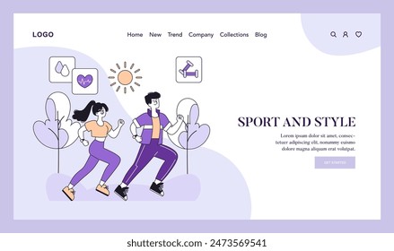 Concepto de personalización. Anuncio de Web con hombre y mujer atléticos disfrutando de un trote con iconos de la salud. Estilo de vida activo y moda fitness. Ilustración vectorial.