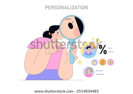 Personalization concept. A whimsical portrayal of customized services with a magnifying glass highlighting individual preferences. Client satisfaction, loyalty gains, and tailored marketing tactics