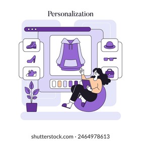 Personalisierungskonzept. Frau passt ihren Mode-Stil online an. Interaktives digitales Einkaufserlebnis und Auswahl. Vektorillustration.
