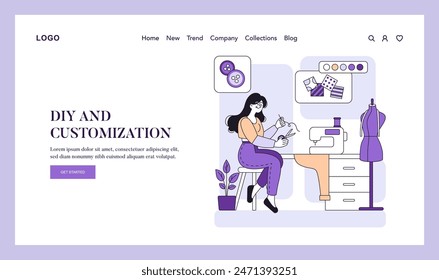 Personalization concept. A woman engages in DIY tailoring, customizing clothes at home. Sewing machine, fabric, mannequin illustrate the creative process. Vector illustration.