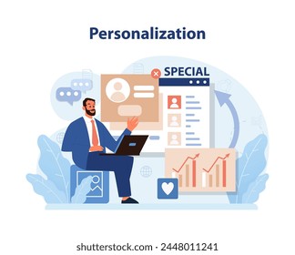 Personalization in Consumer Engagement set. A man customizes customer profiles for targeted marketing strategies, highlighting individualized consumer attention.