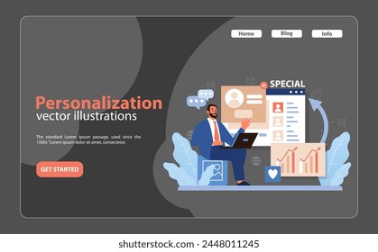 Personalization in Consumer Engagement set. A man customizes customer profiles for targeted marketing strategies, highlighting individualized consumer attention.