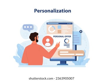 Personalization. Customization of client experience software. Social media interactions, content and offers engine. Digital marketing development, strategy building. Flat vector illustration