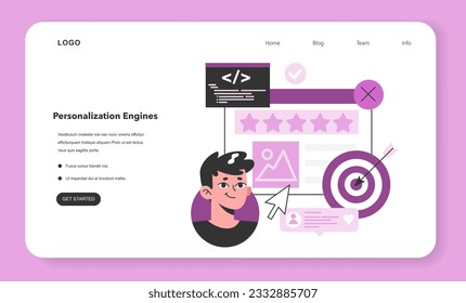 Personalization engines web banner or landing page. Customization of client experience software. Social media interactions, content and offers engine. Digital marketing tool. Flat vector illustration