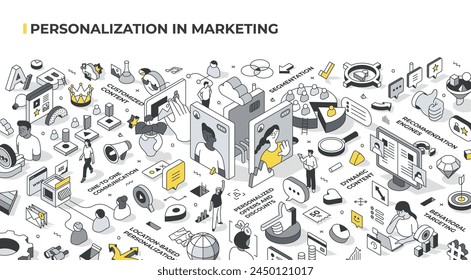 Personalización en ilustración isométrica de marketing. Ofrecer experiencias personalizadas al Cliente. Incluye conceptos: contenido personalizado, segmentación por comportamiento, análisis de Clientes y más