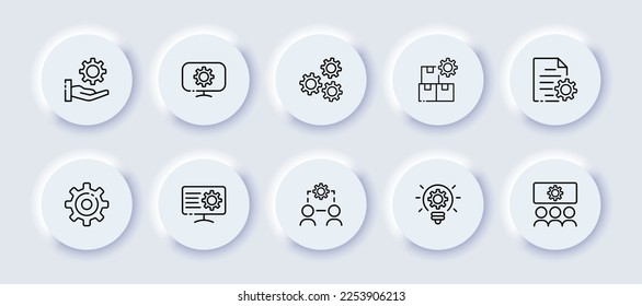 Personalization neomorphic line icons set. Settings, neomorphism, gear, computer, packages, electronics, documents, team, work, boxes, hand. business concept. Vector neomorphic line icons set