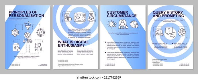 Personalization principles blue gradient brochure template. Customer behavior. Leaflet design with linear icons. 4 vector layouts for presentation, annual reports. Arial, Myriad Pro-Regular fonts used
