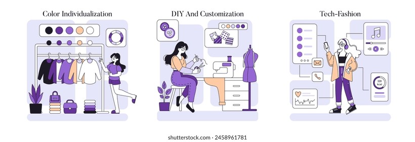 Personalization set. Individual style creation, custom fashion design, innovative wearable technology. Transforming clothes shopping into a unique experience. Vector illustration.