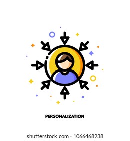 Personalization of social media marketing. Icon with abstract user avatar and arrows. Flat filled outline style. Pixel perfect. Editable stroke. Size 64x64 pixels