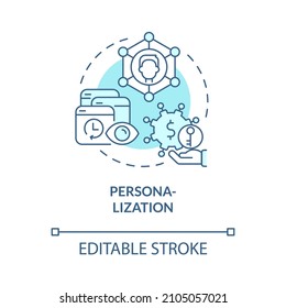 Icono de concepto turquesa de personalización. Ventajas del aprendizaje electrónico abstracto idea de la ilustración de línea delgada. Dibujo de contorno aislado. Trazo editable. Fuentes Roboto-Medium, Myriad Pro-Bold utilizadas