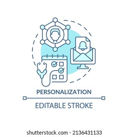 Personalization Turquoise Concept Icon. Patients Service. Healthcare Macro Trends Abstract Idea Thin Line Illustration. Isolated Outline Drawing. Editable Stroke. Arial, Myriad Pro-Bold Fonts Used