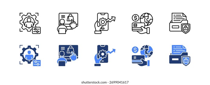 Personalização, Interface do usuário, Otimização móvel, Gateway de pagamento, Segurança de dados com dois estilos, linha e ícone duotônico.