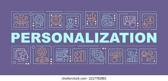 Personalization word concepts violet banner. Individual marketing. Infographics with editable icons on color background. Isolated typography. Vector illustration with text. Arial-Black font used