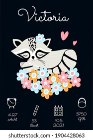 Personalize newborn baby metric poster with raccoon. Date, cm, gr, time. svg