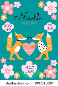 Personalize newborn baby metric poster with cute foxes and heart. Date, cm, gr, time svg