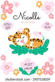 Personalize newborn baby metric poster with cute tiger and flowers on a white background. Date, cm, gr, time svg