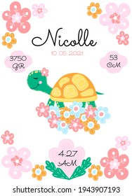 Personalize newborn baby metric poster with cute turtle and flowers on a white background. Date, cm, gr, time svg