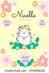 Personalize newborn baby metric poster with cute hedgehog and flowers. Date, cm, gr, time
 svg
