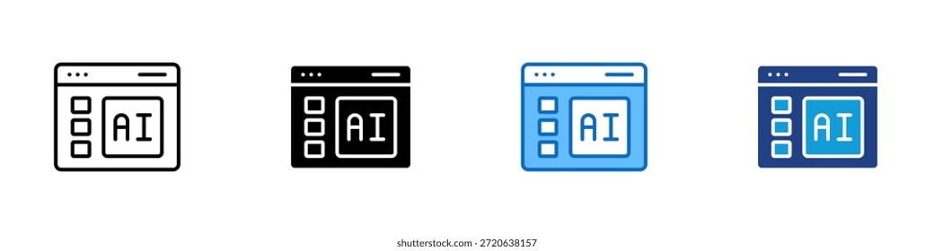 Vector de diseño de íconos de estilo múltiple: interfaz de Web que contiene opciones y caja de IA, lo que sugiere sugerencias de aprendizaje automático y generación de contenido personalizado