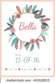 Personalized birth announcement with feathers and flowers frame. Pastel little girl nursery poster. Vector illustration.