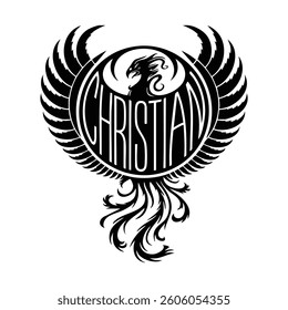 Personalized Black and White Christian Phoenix Emblem Vector Design with Circular Frame, Wings, and Tail