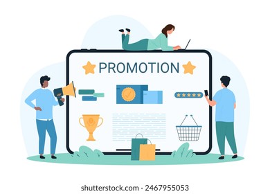 Publicidad personalizada de productos empresariales para usuarios, marketing digital y comercio electrónico. Gente pequeña que utiliza la tableta para estudiar la información y la revisión del Cliente en la Ilustración vectorial de dibujos animados de medios sociales