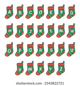 Personalized Christmas stockings with alphabet letters vector cartoon set isolated on a white background.