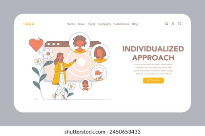 Personalized Coaching Approach web or landing page. A thoughtful illustration that reflects the diversity of clients and the tailor-made sessions of personal coaching. Vector illustration.