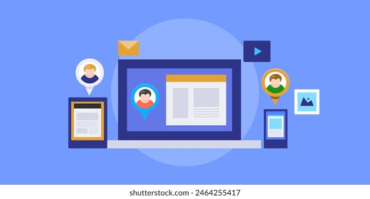 Personalized content for audience engagement, Website content quality, Content marketing strategy - vector illustration with icons