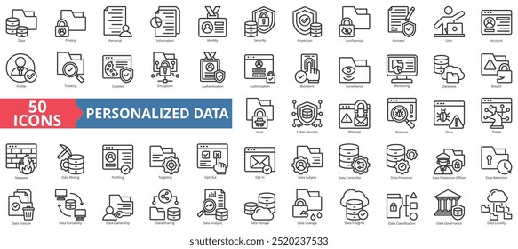 Conjunto de colección de íconos de datos personalizados. Contiene privacidad, información personal, identidad, seguridad, protección, icono confidencial. Ilustración vectorial de línea simple.