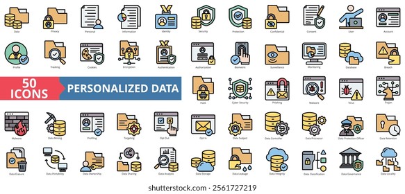 Personalized data icon collection set. Containing privacy, personal, information, identity, security, protection, confidential icon. Simple flat outline vector illustration