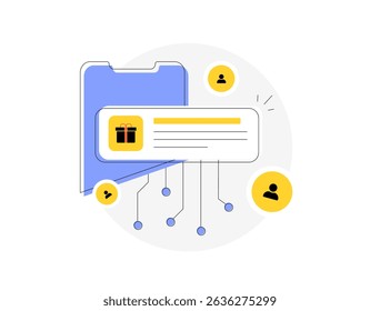 Personalized e-commerce loyalty program offering automated ai tailored rewards, discount gifts. Enhance customer retention through targeted personalized push notifications. Flat vector illustration