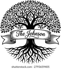 Personalized Family Tree with Roots and Custom Family Name Banner Design