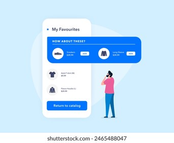 Artículos favoritos personalizados. Personalízalo e-commerce lista de deseos favoritos pestaña con extensiones de comercio electrónico, añadir recomendaciones basadas en patrones de comportamiento del usuario. Ilustración vectorial aislada con iconos