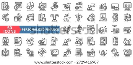 personalized finance icon set outline style illustration. containing expense categorization, investment advice, custom insights, digital banking, account aggregation, bill reminders, personal advisor