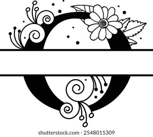 Personalized Floral Letter O Monogram,  Black and White Alphabet with Flower Elements