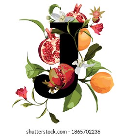 Personalized flower alphabet. Stylish letter "J" decorated with orange fruits, flowers and pomegranate. Perfect for posters, invitation, greeting card, webs graphics, blog, banner, logo