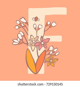 Personalized flower alphabet. Vector hand drawn floral monogram. Stylish letter "F" decorated with fruits and flowers. Perfect for posters, invitation, greeting card, webs graphics, blog, banner, logo