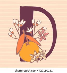 Personalized flower alphabet. Vector hand drawn floral monogram. Stylish letter "D" decorated with fruits and flowers. Perfect for posters, invitation, greeting card, webs graphics, blog, banner, logo