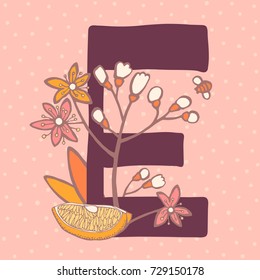 Personalized flower alphabet. Vector hand drawn floral monogram. Stylish letter "E" decorated with fruits and flowers. Perfect for posters, invitation, greeting card, webs graphics, blog, banner, logo