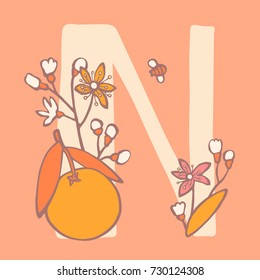 Personalized flower alphabet. Vector hand drawn floral monogram. Stylish letter "N" decorated with fruits and flowers. Perfect for posters, invitation, greeting card, webs graphics, blog, banner, logo