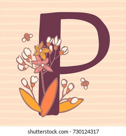Personalized flower alphabet. Vector hand drawn floral monogram. Stylish letter "P" decorated with fruits and flowers. Perfect for posters, invitation, greeting card, webs graphics, blog, banner, logo
