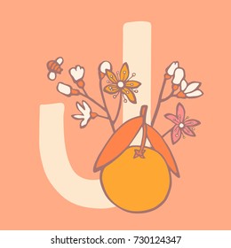 Personalized flower alphabet. Vector hand drawn floral monogram. Stylish letter "J" decorated with fruits and flowers. Perfect for posters, invitation, greeting card, webs graphics, blog, banner, logo