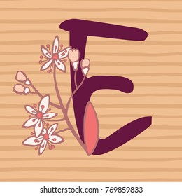 Personalized flower alphabet. Vector hand drawn floral monogram. Stylish letter "E" decorated with flowers. Perfect for posters, invitation, greeting card, webs graphics, blog, banner, logo