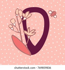 Personalized flower alphabet. Vector hand drawn floral monogram. Stylish letter "D" decorated with flowers. Perfect for posters, invitation, greeting card, webs graphics, blog, banner, logo
