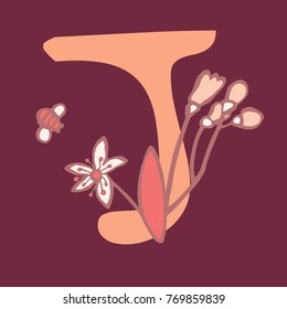 Personalized flower alphabet. Vector hand drawn floral monogram. Stylish letter "J" decorated with flowers. Perfect for posters, invitation, greeting card, webs graphics, blog, banner, logo