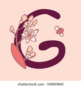 Personalized flower alphabet. Vector hand drawn floral monogram. Stylish letter "G" decorated with flowers. Perfect for posters, invitation, greeting card, webs graphics, blog, banner, logo