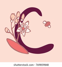 Personalized flower alphabet. Vector hand drawn floral monogram. Stylish letter "C" decorated with flowers. Perfect for posters, invitation, greeting card, webs graphics, blog, banner, logo