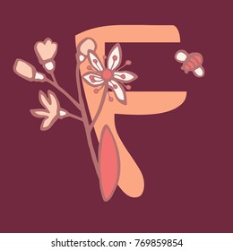 Personalized flower alphabet. Vector hand drawn floral monogram. Stylish letter "F" decorated with flowers. Perfect for posters, invitation, greeting card, webs graphics, blog, banner, logo
