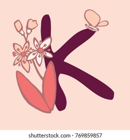 Personalized flower alphabet. Vector hand drawn floral monogram. Stylish letter "K" decorated with flowers. Perfect for posters, invitation, greeting card, webs graphics, blog, banner, logo
